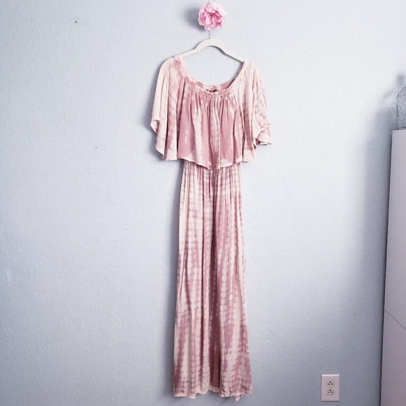Anthropologie Boho Me Pink and Cream Tie Dye Off Shoulder Maxi Dress - Picture 2 of 10
